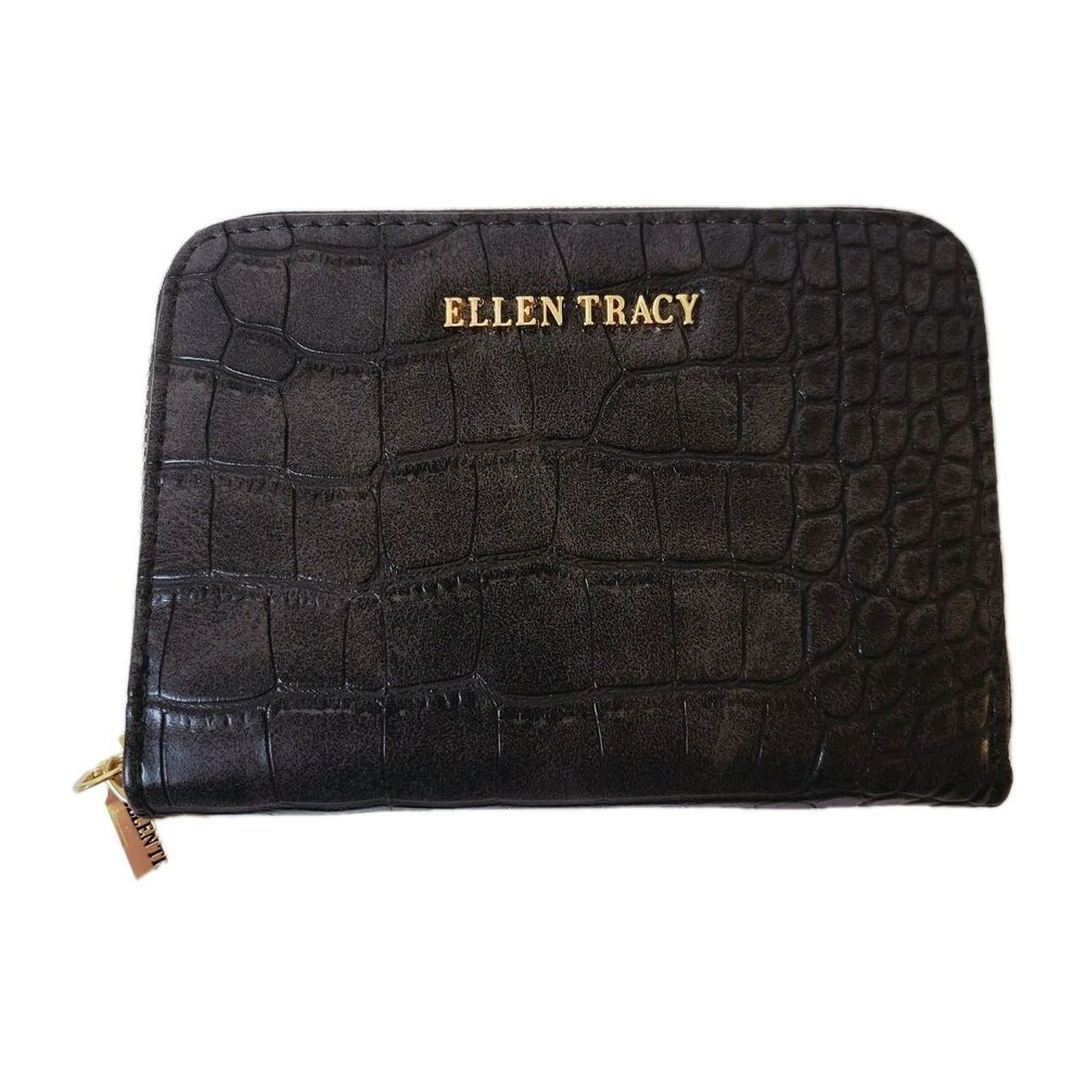 Ellen Tracy Croc Embossed Zip Around Wallet Black Compact Small Women 5×4